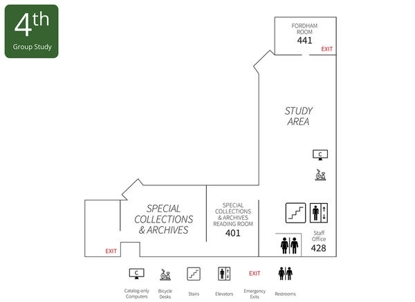 floor plan of Services, spaces and equipment available on the 4th floor of the Dunbar Library: Special Collections & Archives, Fordham Room, Study Cubicles, Fit Desk bicycles, Accessible Desk, Elevators and Stairs, Restrooms, Staff Offices