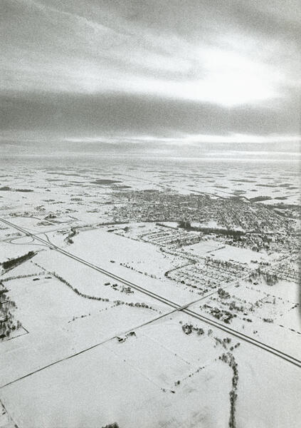 An aerial view of snow-covered fields