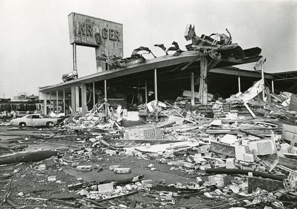 Aftermath of the Xenia tornado showing the exterior of the Kroger store ravaged by the tornado.