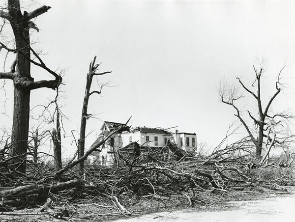 A house without a roof surrounded by toppled trees following the Xenia tornado.