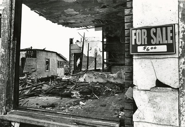 For sale sign on a building destroyed by the Xenia tornado.