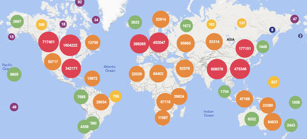 A map of the world showing readership numbers in multicolor bubbles