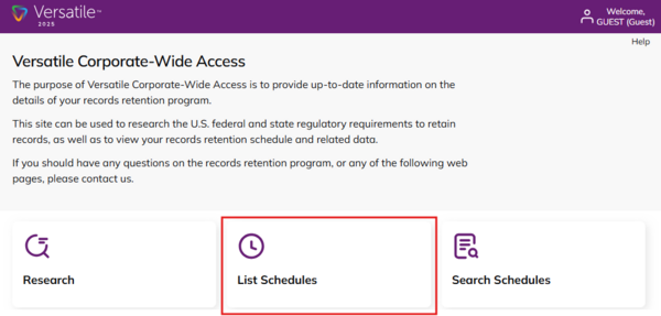 Instructional image showing how to select the List Schedules option on the Versatile website