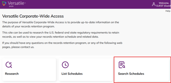 Instructional image showing how to select the Search Schedules option on the Versatile website
