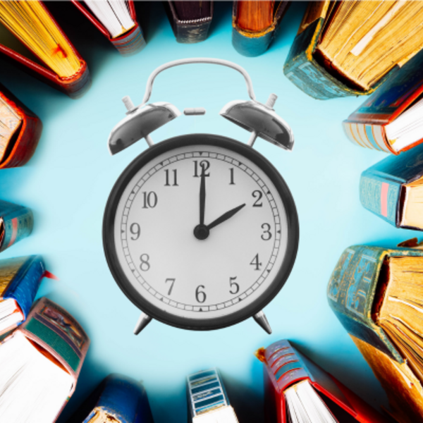 Clock surrounded by books