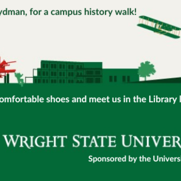 Skyline of campus advertising the October 8, 2024 campus history walk at 1pm, leaving from the library lobby