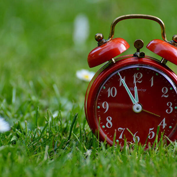 red clock sitting in spring grass
