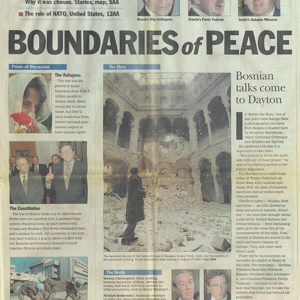 A Dayton Daily News front page announcing the Dayton Peace Talks.