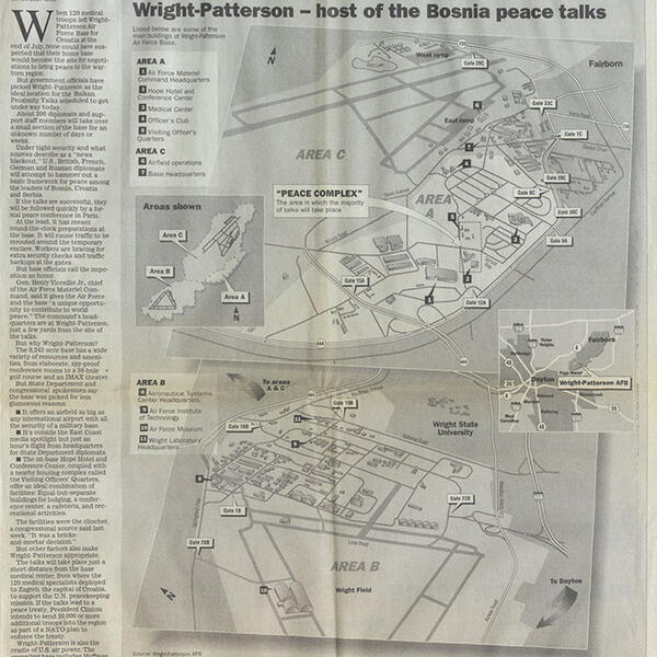 A Dayton Daily News newspaper scan discussing the location of the Dayton Peace Talks, Wright-Patterson Air Force Base.