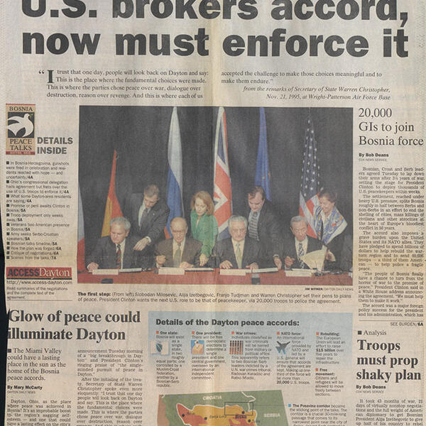A Dayton Daily News front page announcing success of peace talks.