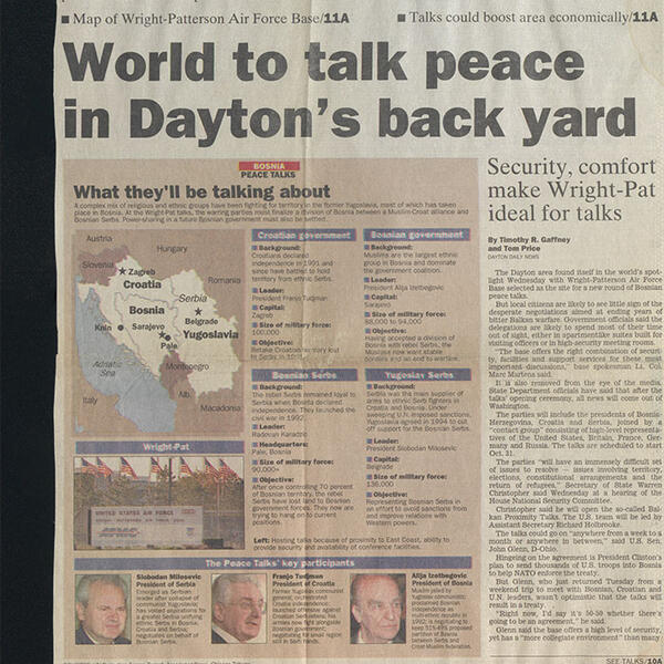 A Dayton Daily News front page announcing the Dayton Peace Talks.