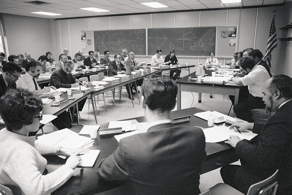 Historical photo of Wright State University's Academic Council during a meeting
