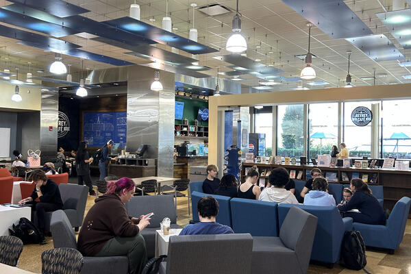Students gathered in the seating area of ReyRey Cafe.