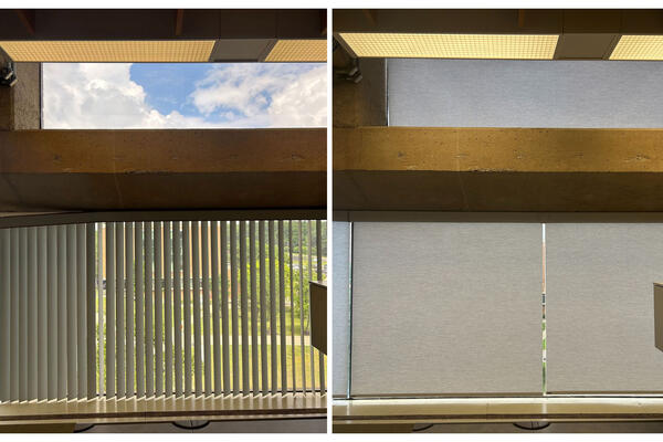 Two images comparing before and after renovation work. The first photo shows blinds in a window with a lot of light coming through. The second photo shows shades with much less light coming through.