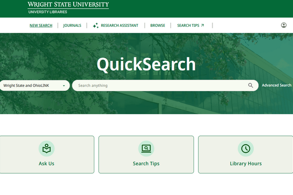 Screenshot of the library's catalog showing a search box, links to library services, and the Wright State University Libraries logo