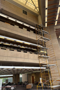 Scaffolding reaching 3 stories high.