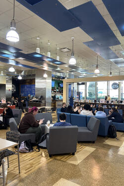 Students gathered in the seating area of ReyRey Cafe.